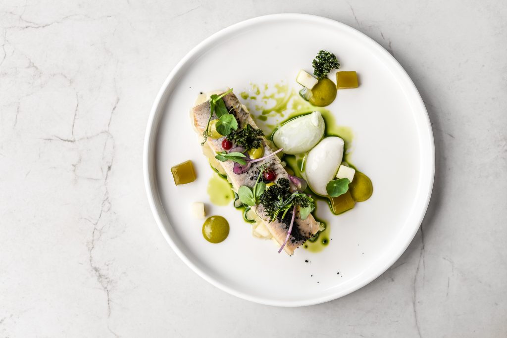 Food,Fish,Elegant,Gourmet,Black,Plate,Top,View,Lunch,Dinnerdish