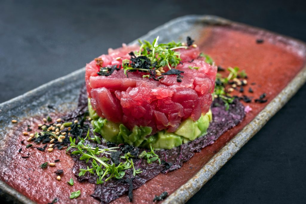 Gourmet,Fish,Tartar,Raw,From,Tuna,Fillet,With,Hashed,Avocado,