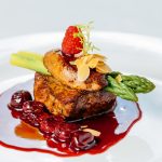 Foie,Gras,With,Beef,,Cherry,Sauce,And,Asparagus