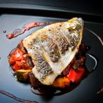 Grilled,Sea,Bream,Fillet,On,Ratatouille,With,Cherry,Tomato,Coulis