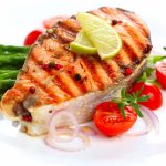 Grilled,Salmon,With,Lime,,Asparagus,And,Cherry,Tomatoes,On,White